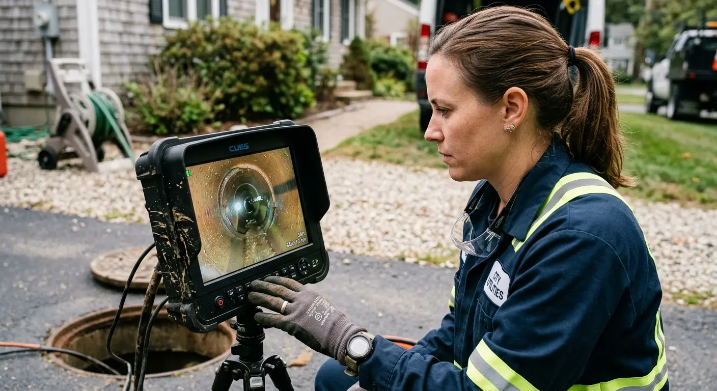 Technician reviewing sewer camera inspection footage in Nashville