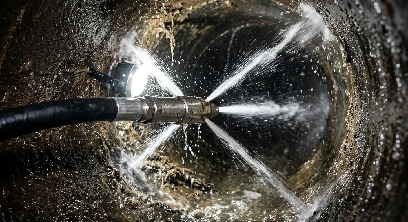 High-pressure hydro jetting nozzle cleaning sewer pipe for Emergency Drain Service in Nashville