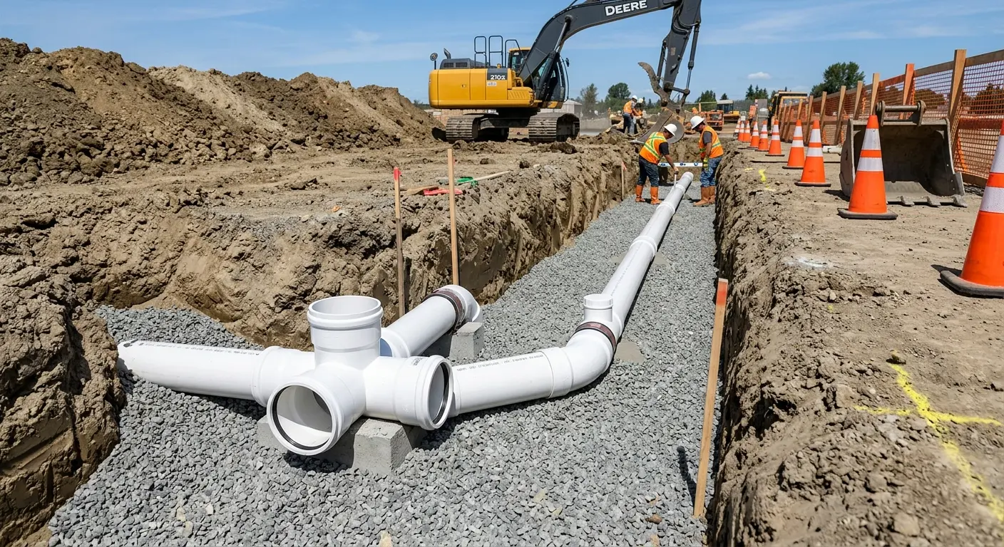 New PVC sewer pipe installation in open trench for Grease Trap Cleaning in Nashville