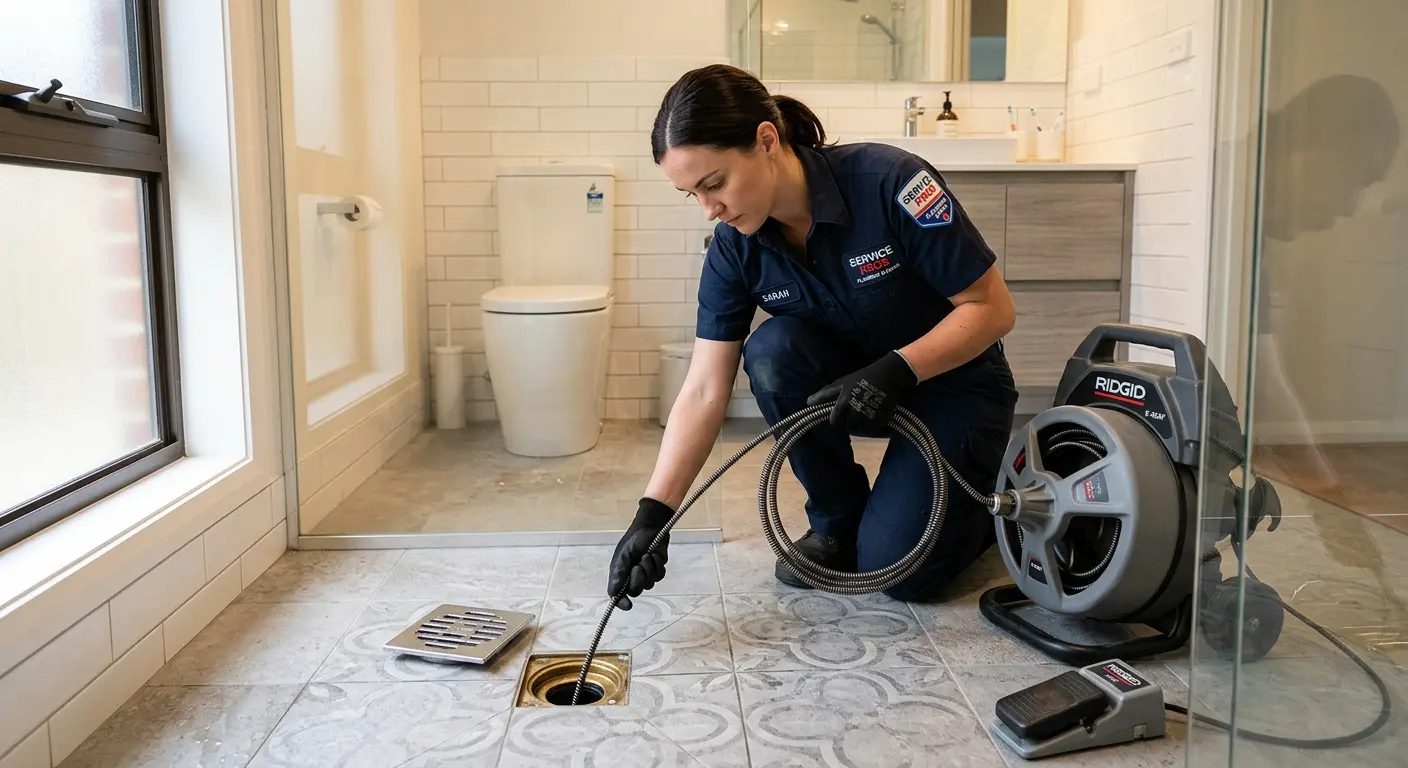 Technician clearing a bathroom floor drain for Sewer Line Replacement in Nashville